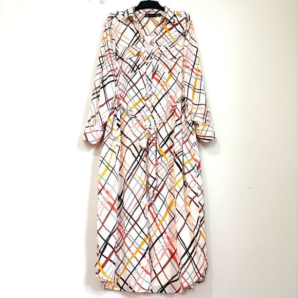 New York & Company Dresses & Skirts - New York & Co. cream monogram button up V-neck long sleeve chiffon shirtdress XL